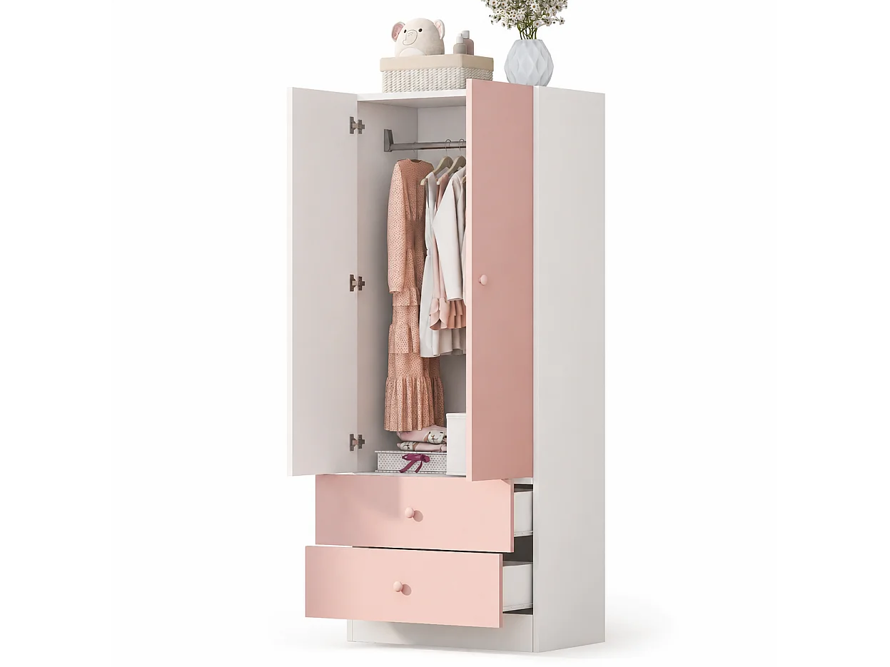Armoire simple 70 × 40 × 170 cm avec 2 tiroirs - Blanc et Rose