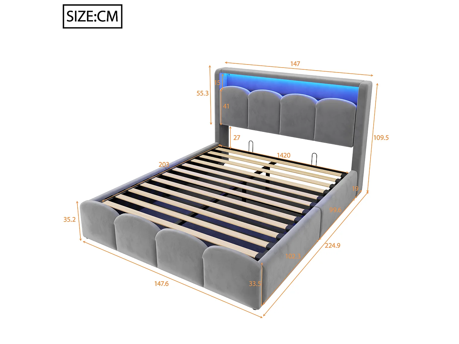 Lit coffre adulte 140x200 en velours avec LED , ports USB et USB-C - Gris