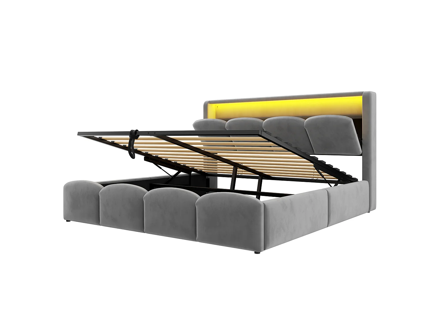 Lit coffre adulte 140x200 en velours avec LED , ports USB et USB-C - Gris