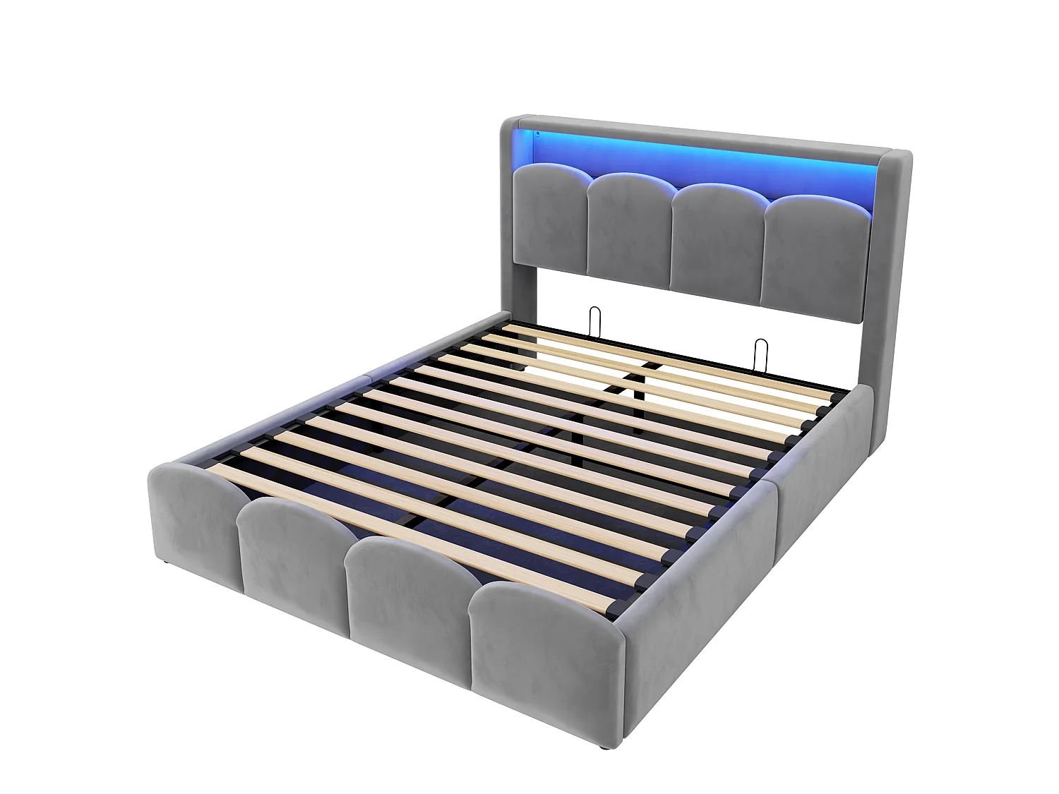 Lit coffre adulte 140x200 en velours avec LED , ports USB et USB-C - Gris