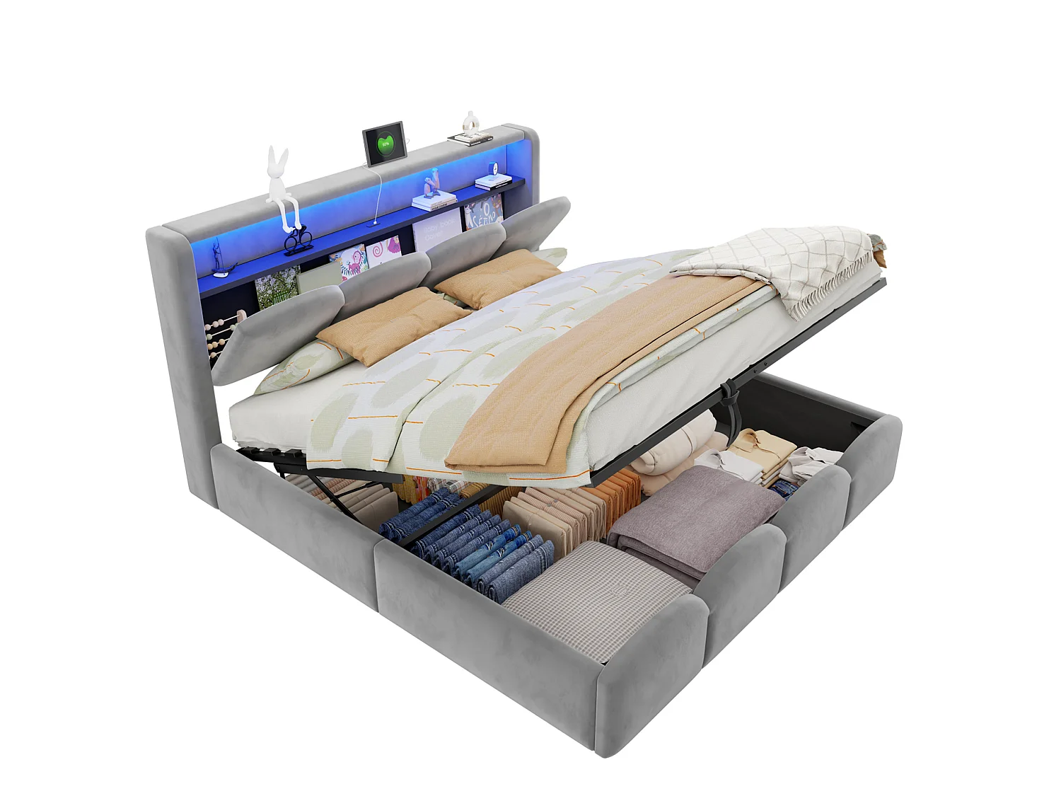 Lit coffre adulte 140x200 en velours avec LED , ports USB et USB-C - Gris