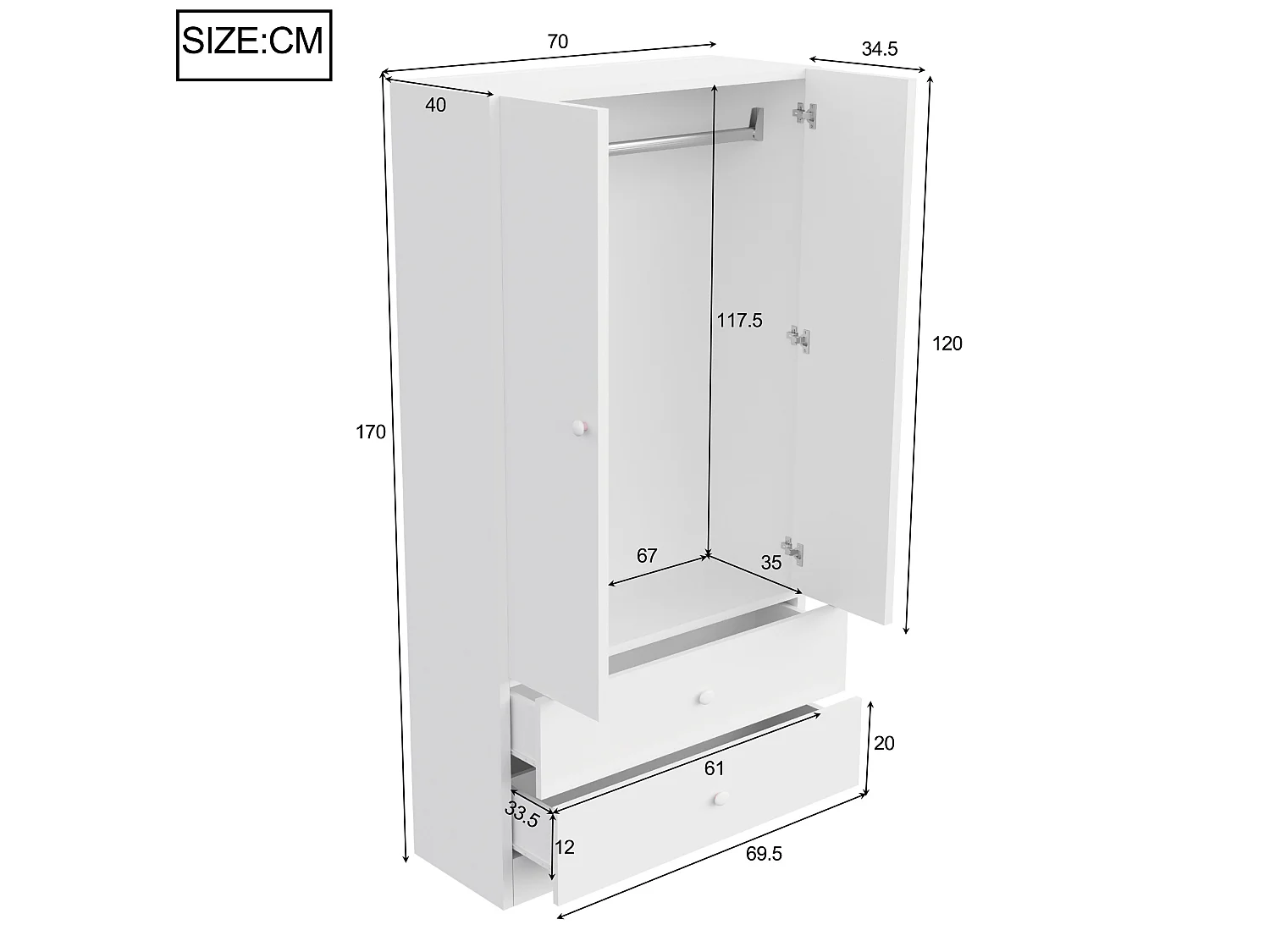 Armoire simple 70 × 40 × 170 cm avec 2 tiroirs - Blanc
