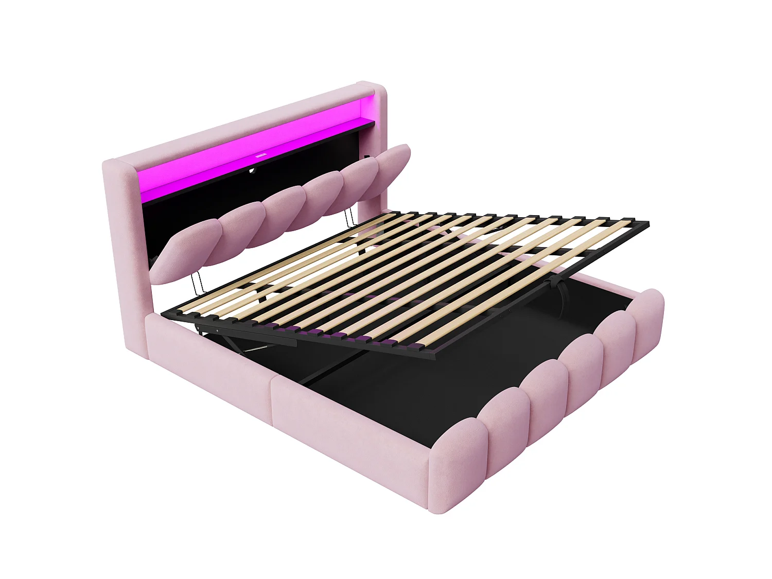 Lit coffre adulte 180x200 en velours avec LED , ports USB et USB-C - Lit double rose