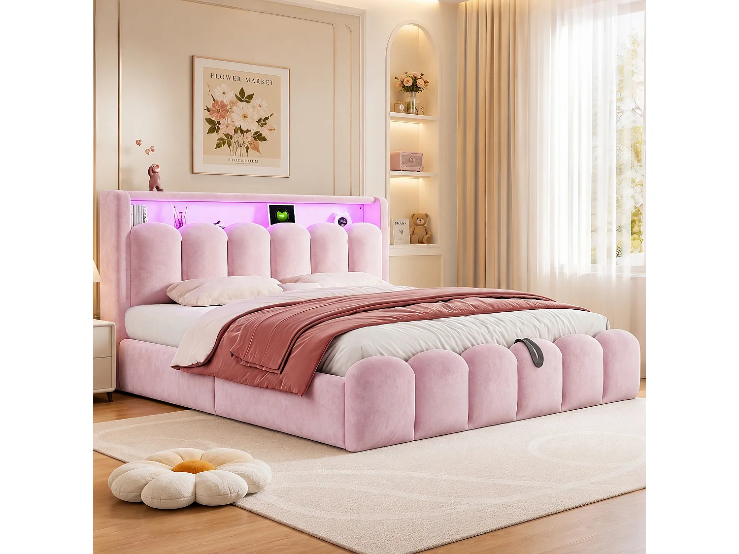 Lit coffre adulte 180x200 en velours avec LED , ports USB et USB-C - Lit double rose