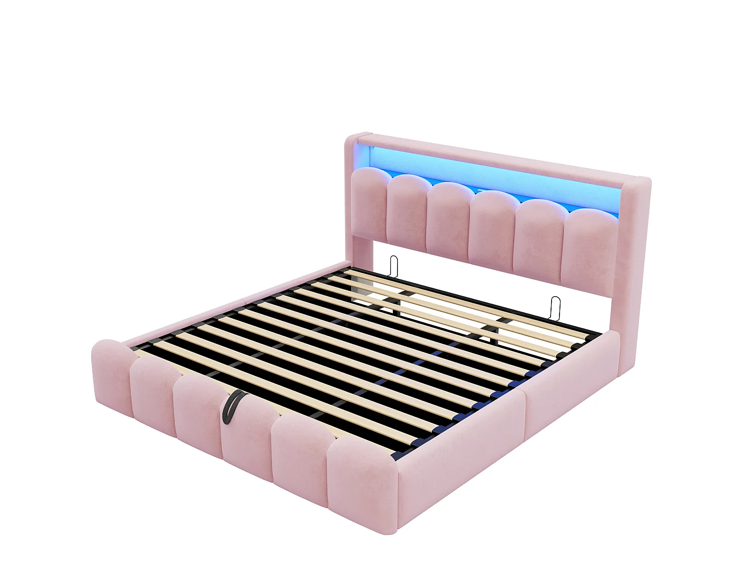 Lit coffre adulte 180x200 en velours avec LED , ports USB et USB-C - Lit double rose