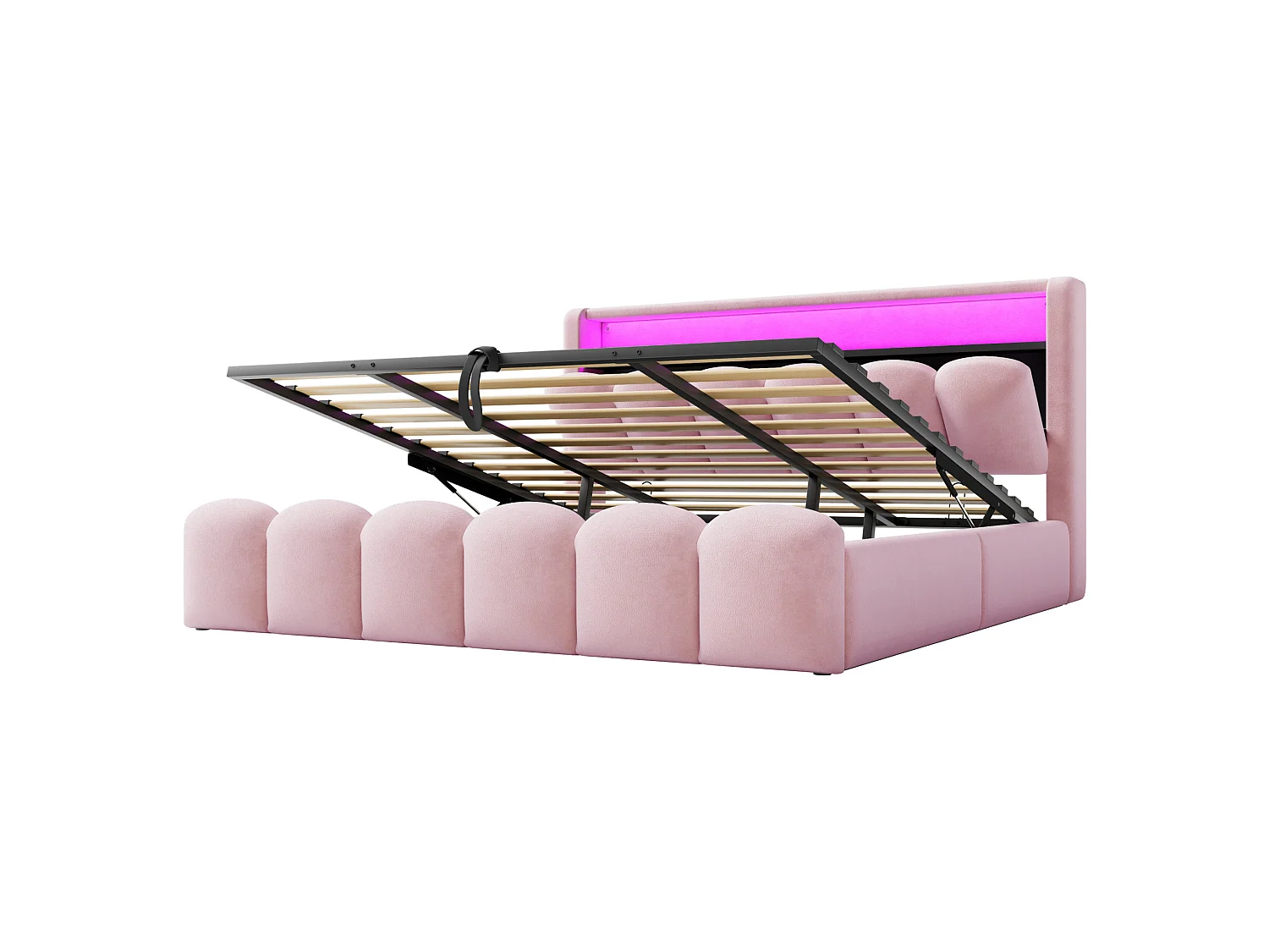 Lit coffre adulte 180x200 en velours avec LED , ports USB et USB-C - Lit double rose