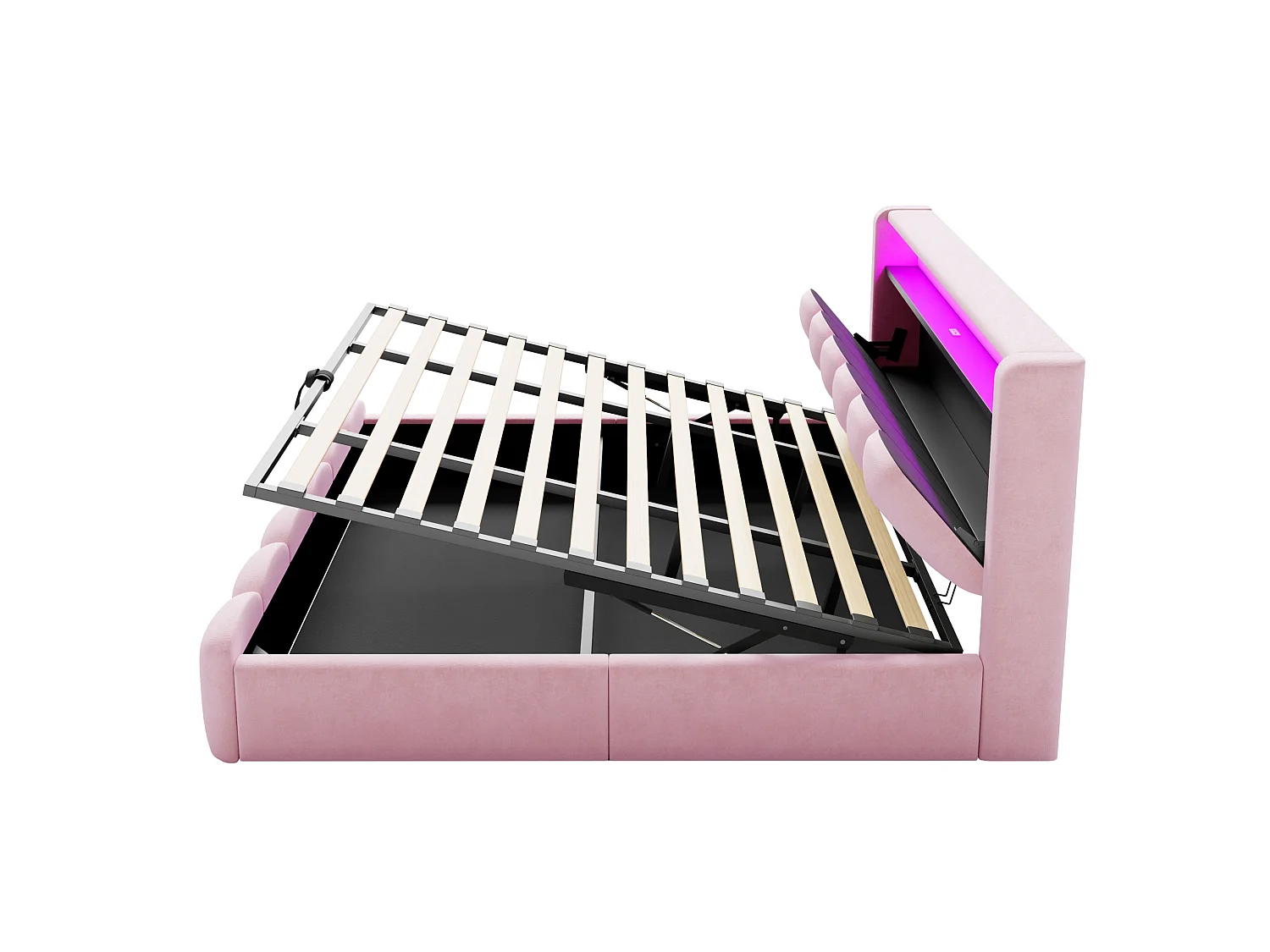 Lit coffre adulte 180x200 en velours avec LED , ports USB et USB-C - Lit double rose