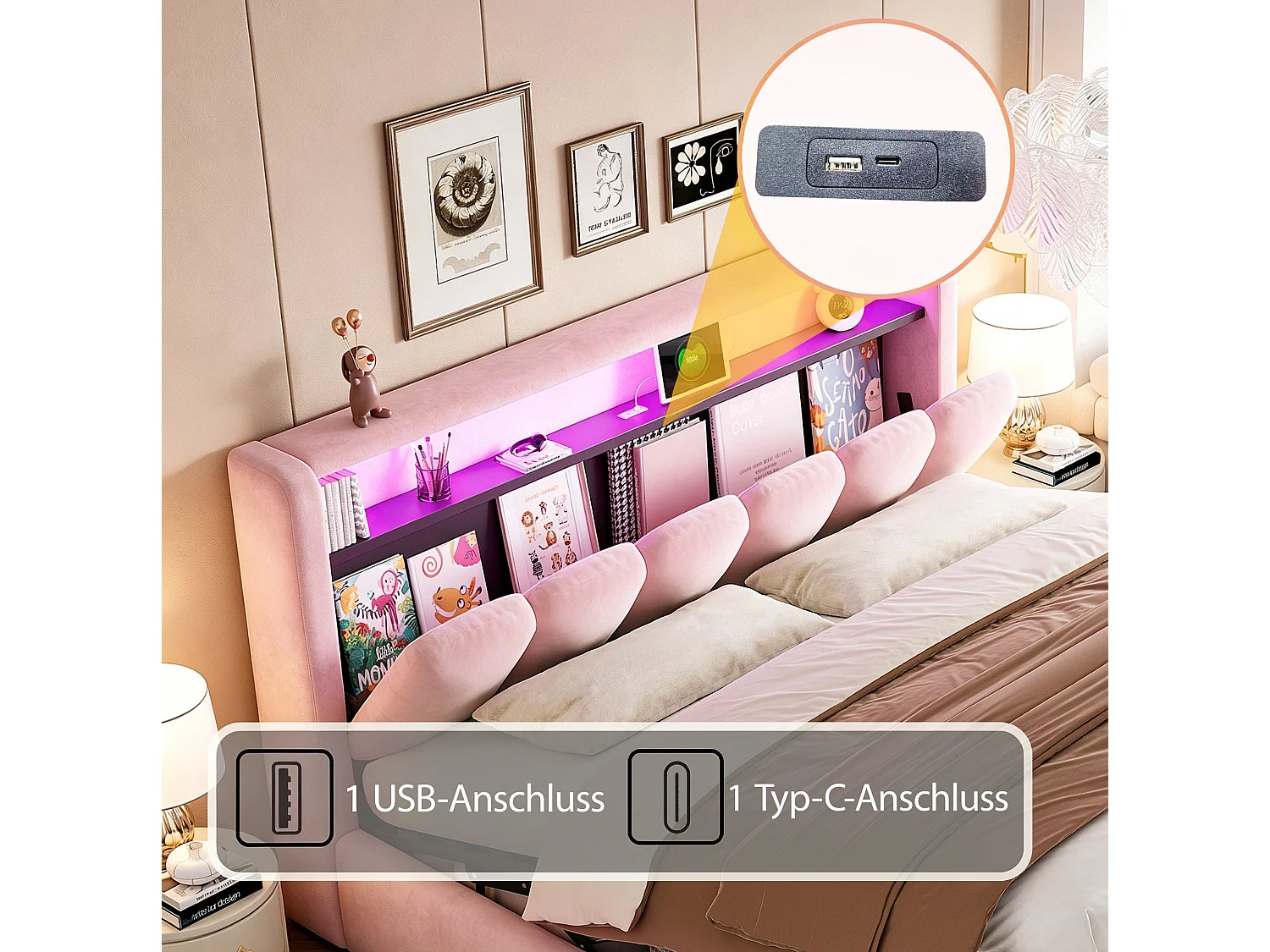 Lit coffre adulte 180x200 en velours avec LED , ports USB et USB-C - Lit double rose