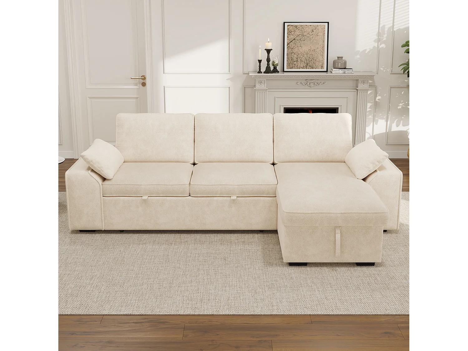 Divano angolare a 3 posti con vano contenitore e funzione letto, portabicchieri, porte USB - Ciniglia - 212 x 150 x 75 cm - Beige