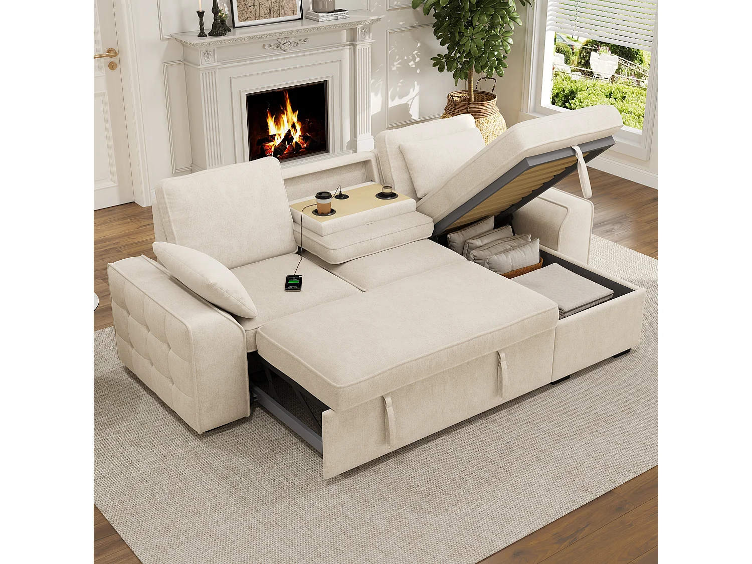 Divano angolare a 3 posti con vano contenitore e funzione letto, portabicchieri, porte USB - Ciniglia - 212 x 150 x 75 cm - Beige