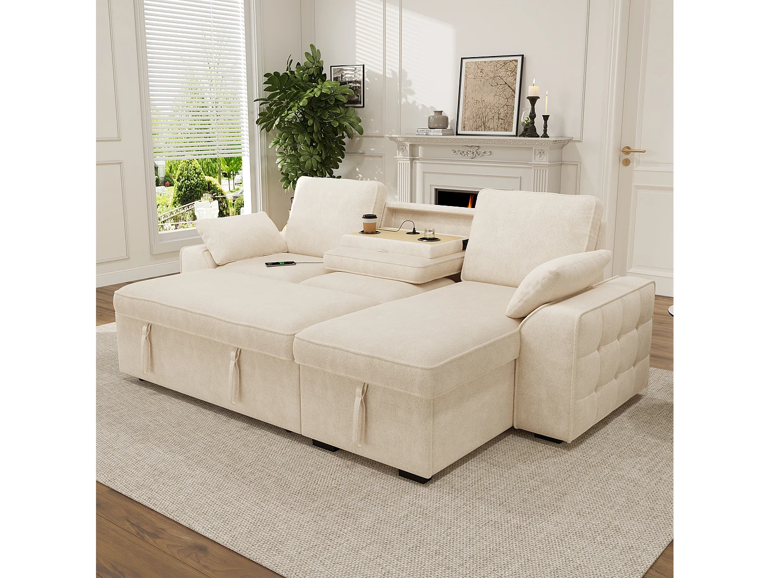 Divano angolare a 3 posti con vano contenitore e funzione letto, portabicchieri, porte USB - Ciniglia - 212 x 150 x 75 cm - Beige