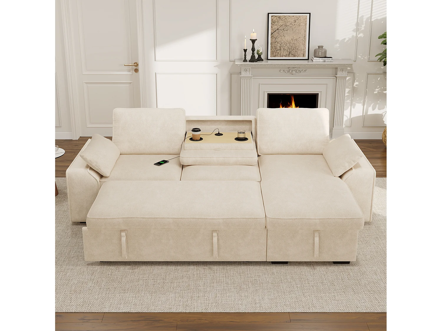 Divano angolare a 3 posti con vano contenitore e funzione letto, portabicchieri, porte USB - Ciniglia - 212 x 150 x 75 cm - Beige