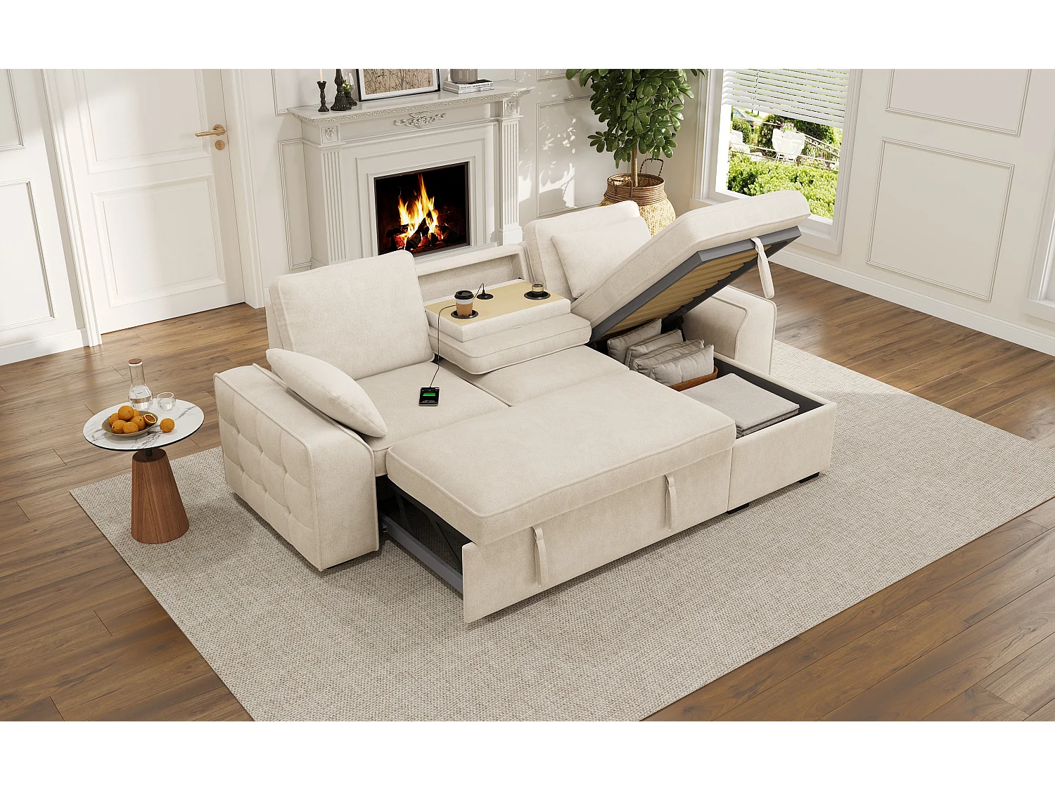 Divano angolare a 3 posti con vano contenitore e funzione letto, portabicchieri, porte USB - Ciniglia - 212 x 150 x 75 cm - Beige