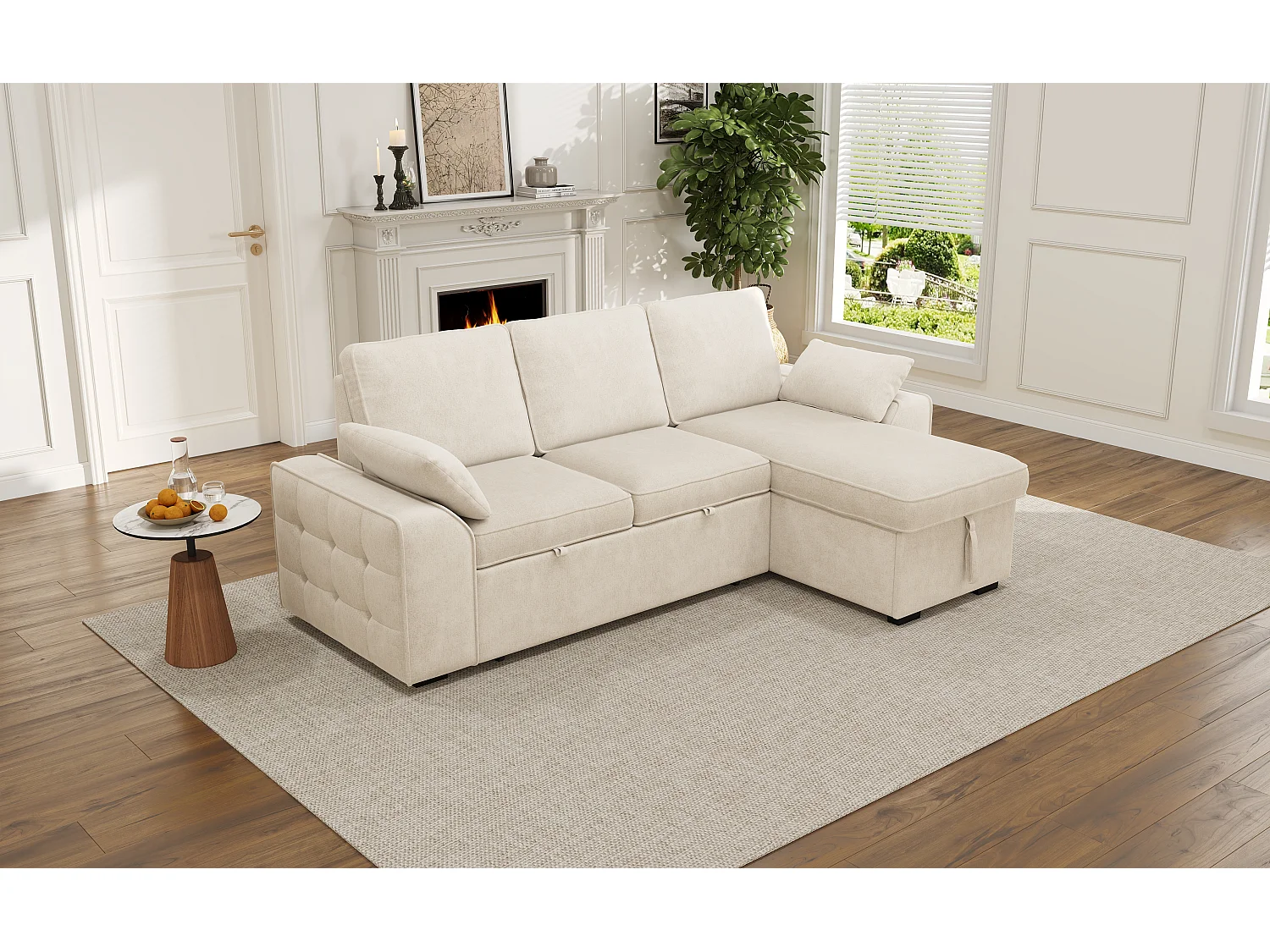 Divano angolare a 3 posti con vano contenitore e funzione letto, portabicchieri, porte USB - Ciniglia - 212 x 150 x 75 cm - Beige