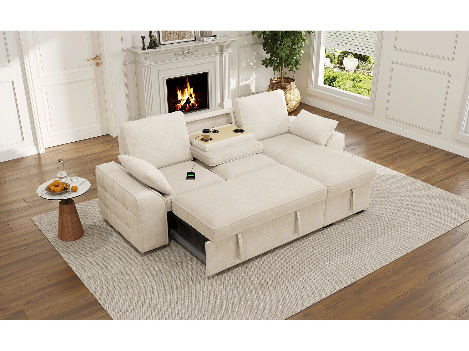 Divano angolare a 3 posti con vano contenitore e funzione letto, portabicchieri, porte USB - Ciniglia - 212 x 150 x 75 cm - Beige