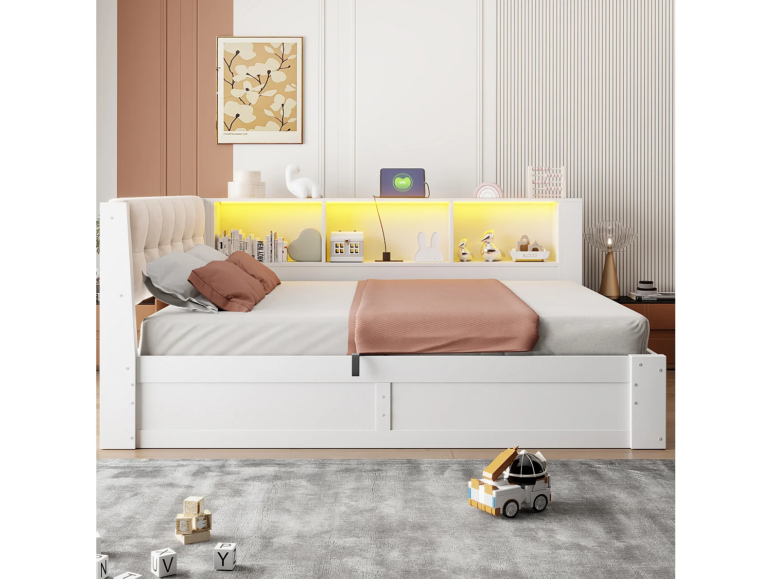 Lit coffre 140 x 200 cm avec bande LED et port USB - Lit banquette en pin blanc