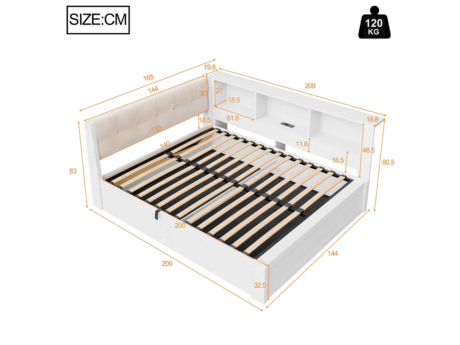 Lit coffre 140 x 200 cm avec bande LED et port USB - Lit banquette en pin blanc