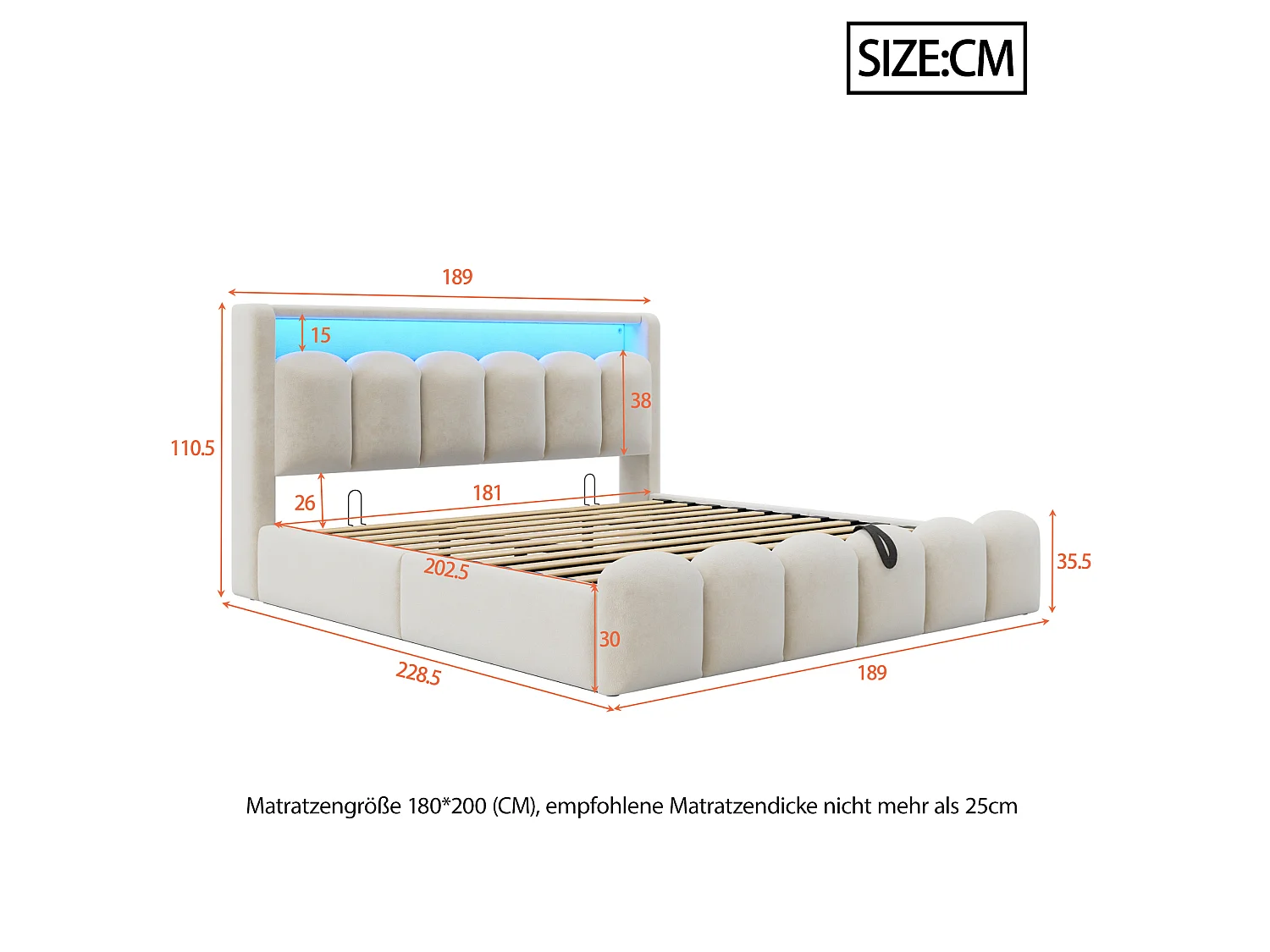 Lit coffre adulte 180x200 en velours avec LED , ports USB et USB-C - Lit double beige