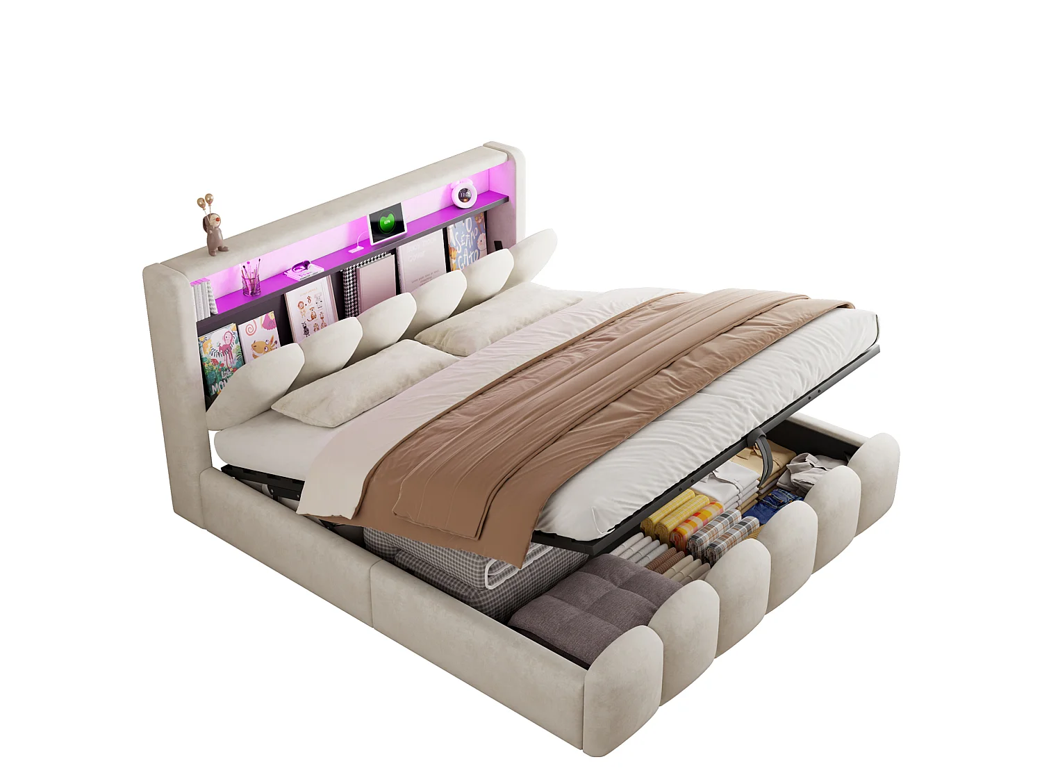 Lit coffre adulte 180x200 en velours avec LED , ports USB et USB-C - Lit double beige