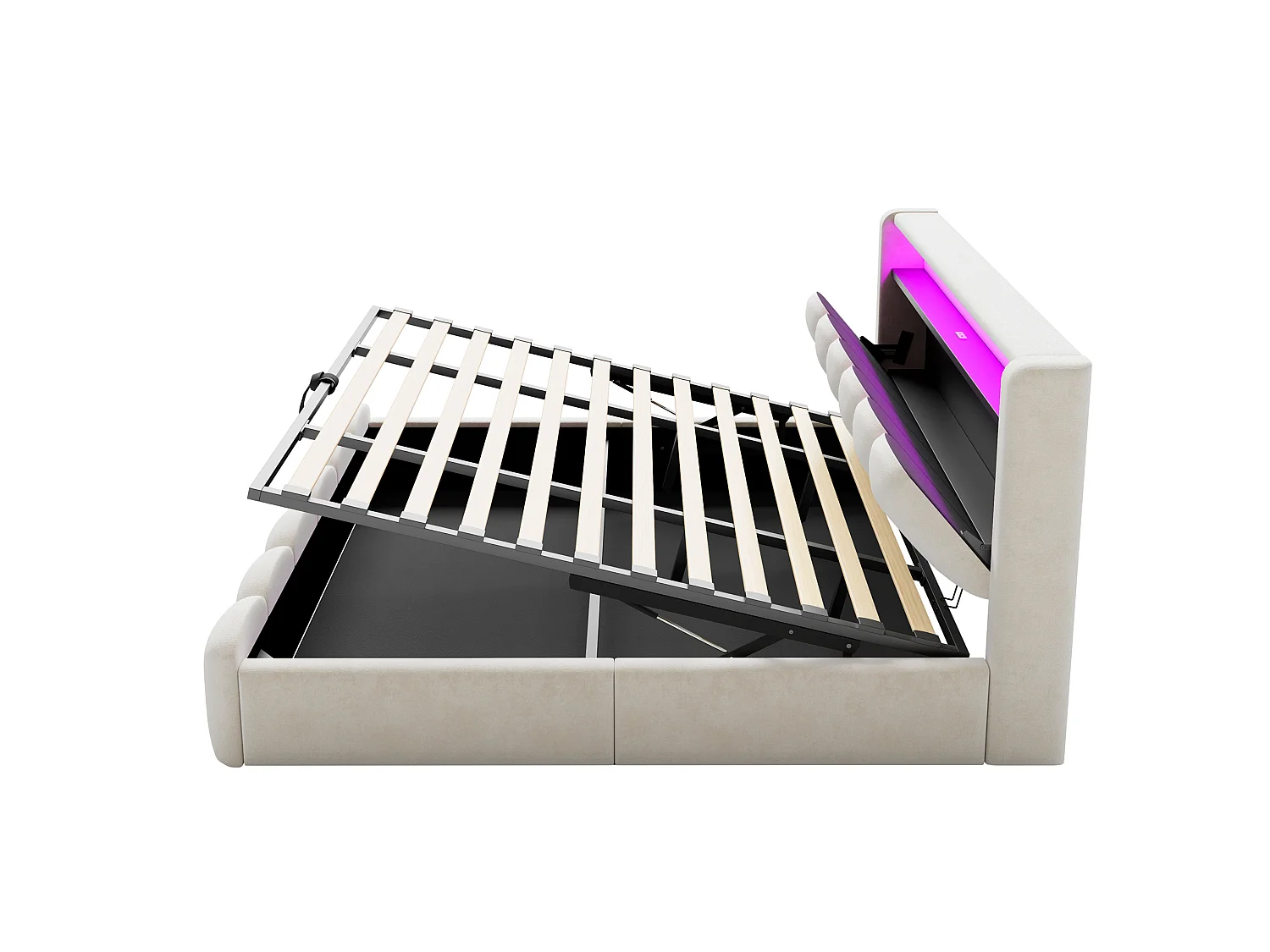 Lit coffre adulte 180x200 en velours avec LED , ports USB et USB-C - Lit double beige