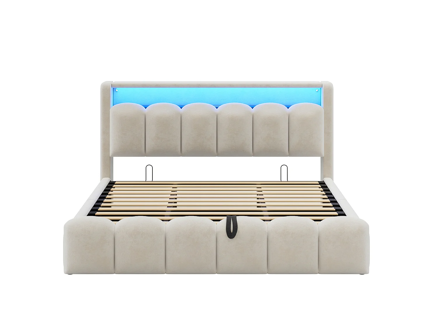 Lit coffre adulte 180x200 en velours avec LED , ports USB et USB-C - Lit double beige