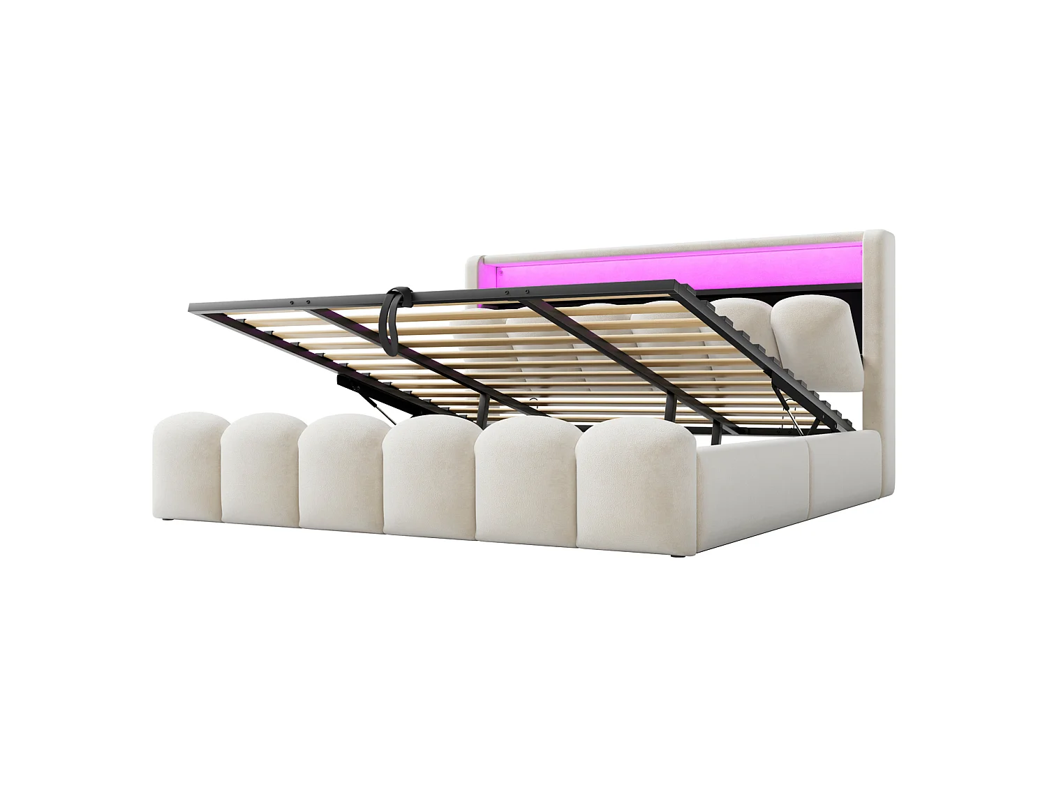 Lit coffre adulte 180x200 en velours avec LED , ports USB et USB-C - Lit double beige