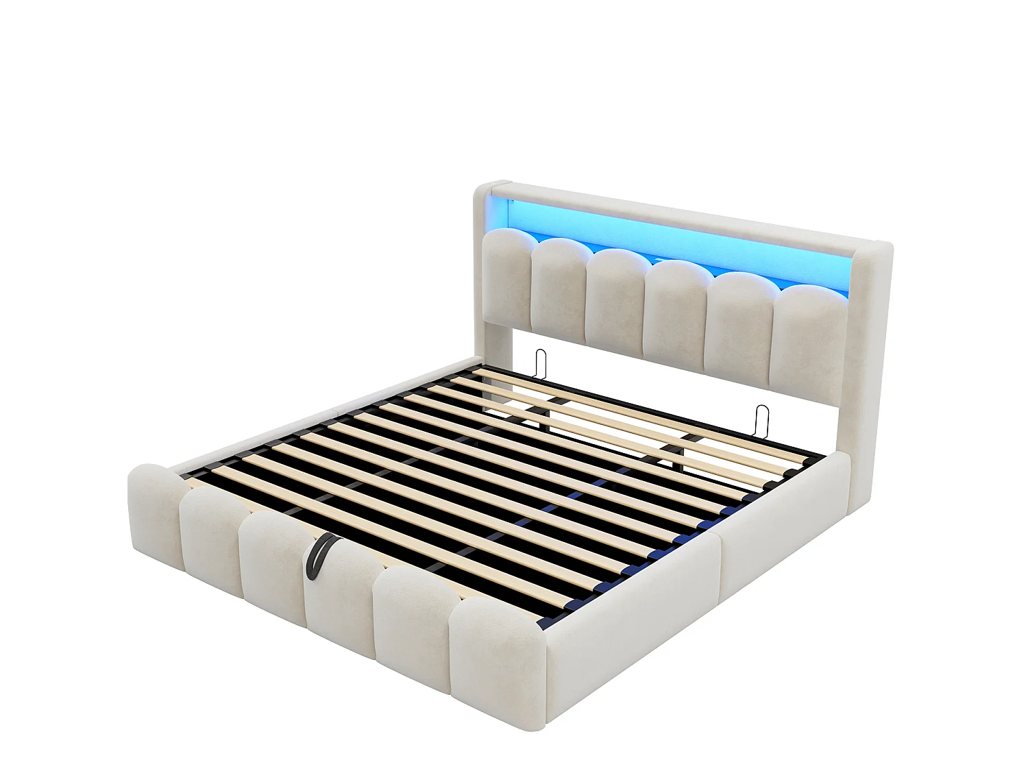 Lit coffre adulte 180x200 en velours avec LED , ports USB et USB-C - Lit double beige