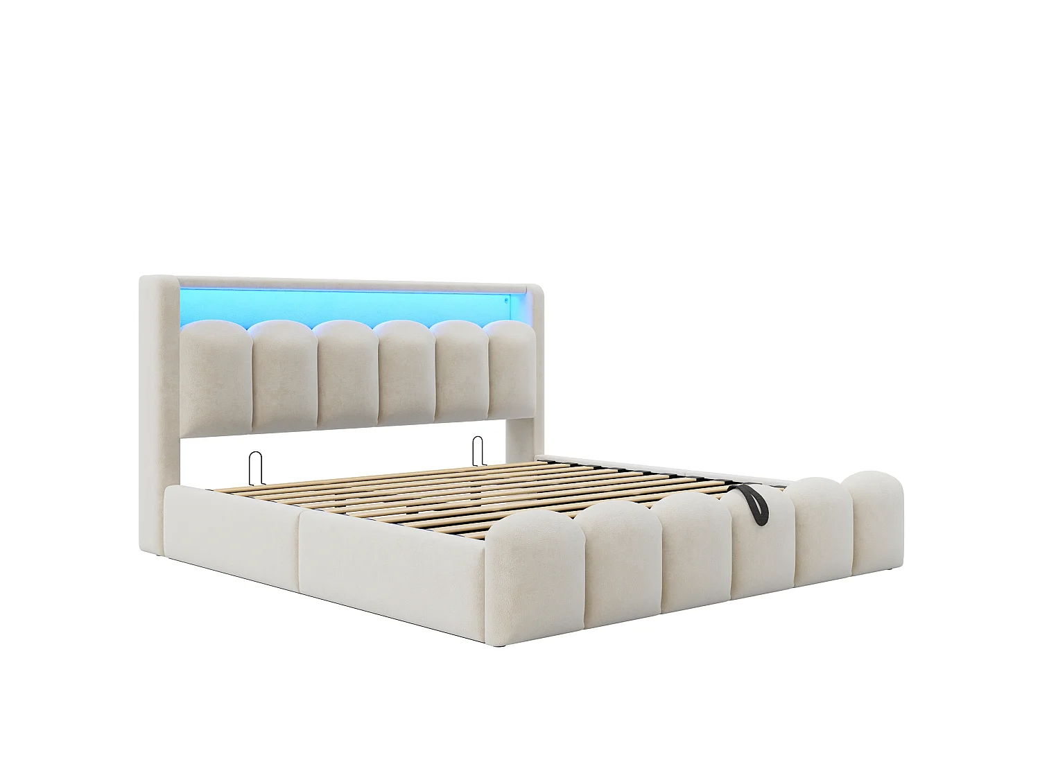 Lit coffre adulte 180x200 en velours avec LED , ports USB et USB-C - Lit double beige