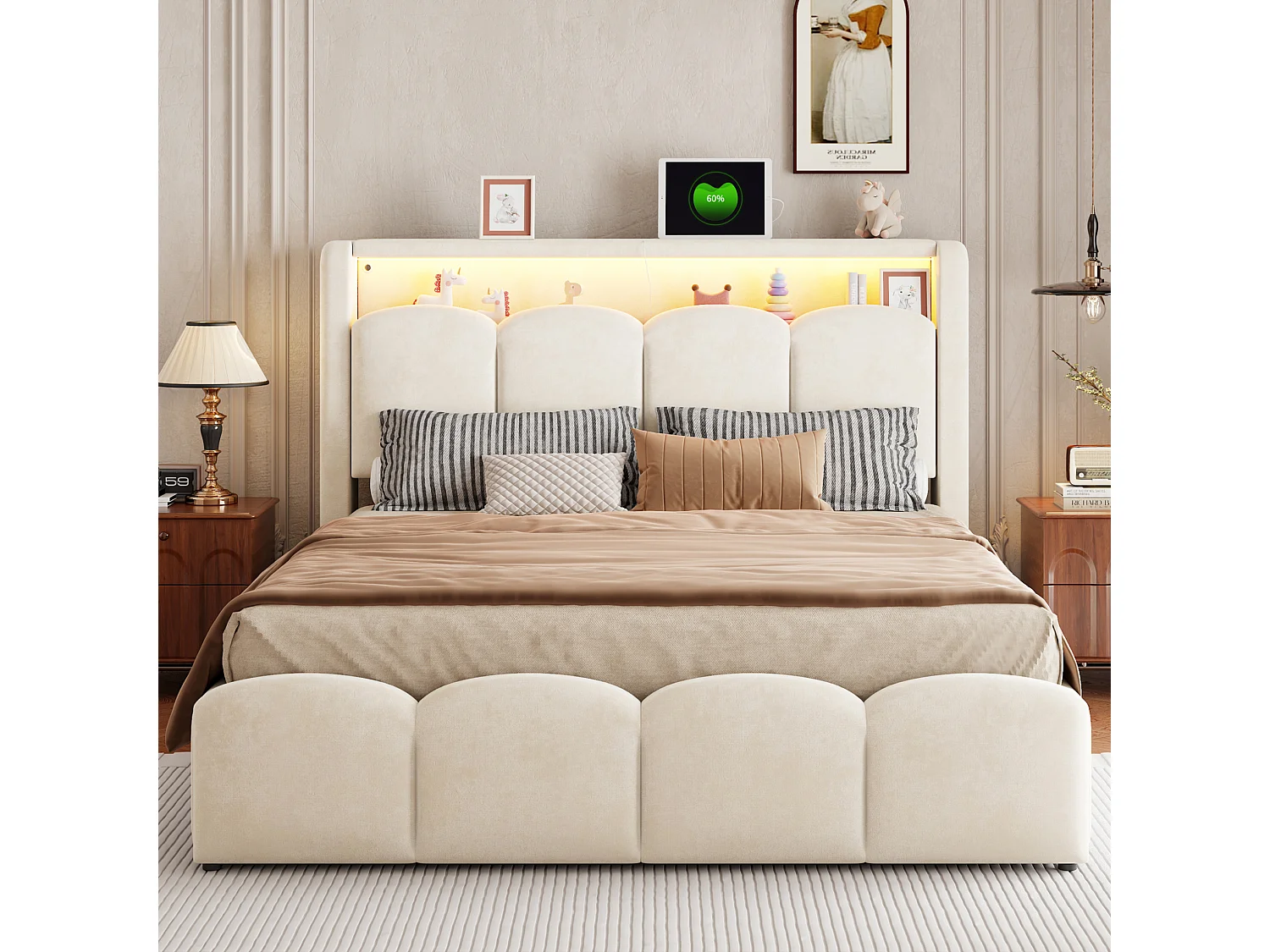 Lit coffre adulte 140x200 en velours avec LED , ports USB et USB-C - Beige