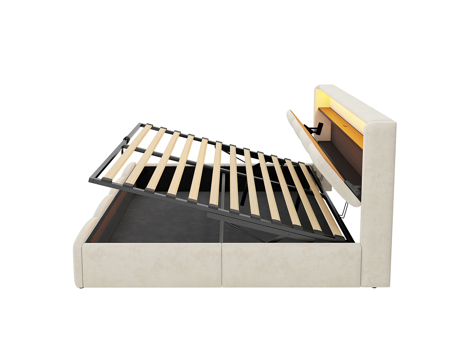 Lit coffre adulte 140x200 en velours avec LED , ports USB et USB-C - Beige