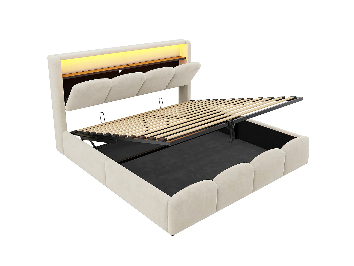 Lit coffre adulte 140x200 en velours avec LED , ports USB et USB-C - Beige