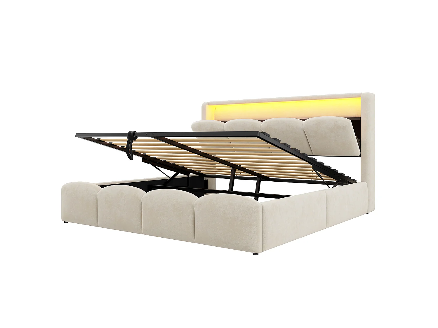 Lit coffre adulte 140x200 en velours avec LED , ports USB et USB-C - Beige