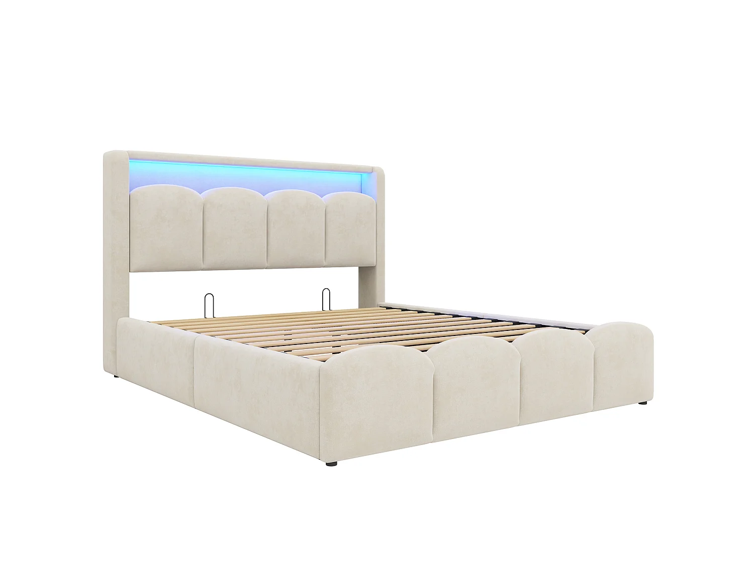 Lit coffre adulte 140x200 en velours avec LED , ports USB et USB-C - Beige