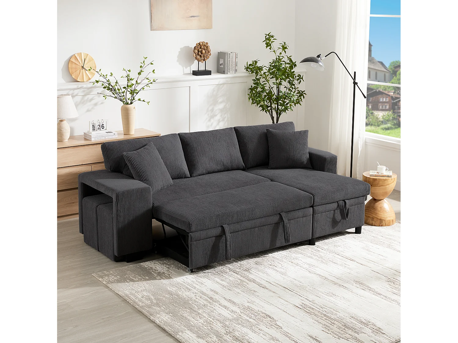 3-Seater L-Shaped Sofa - with USB Charging Ports - with Cushions - Convertible Corner Sofa - Grey