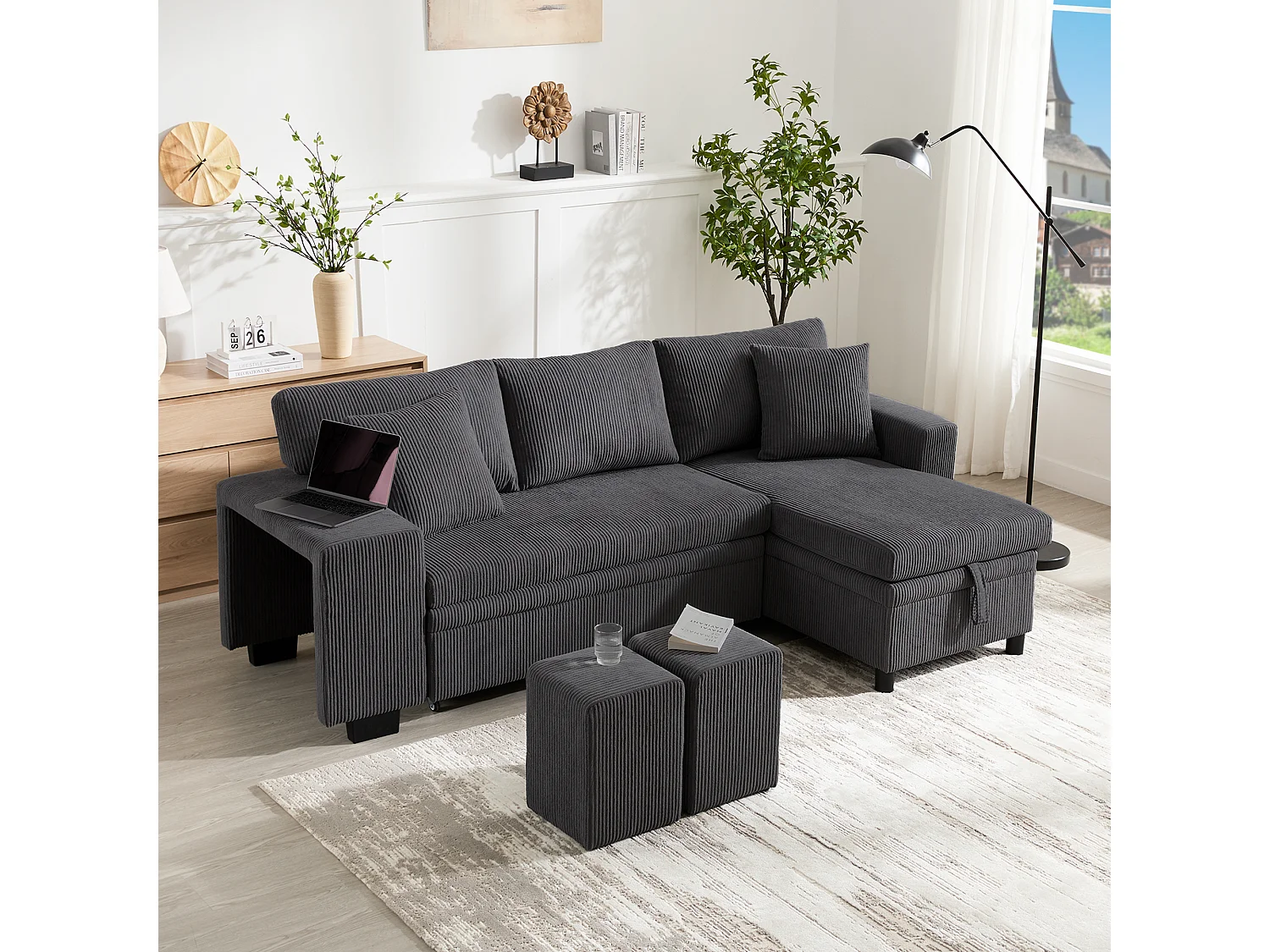 3-Seater L-Shaped Sofa - with USB Charging Ports - with Cushions - Convertible Corner Sofa - Grey