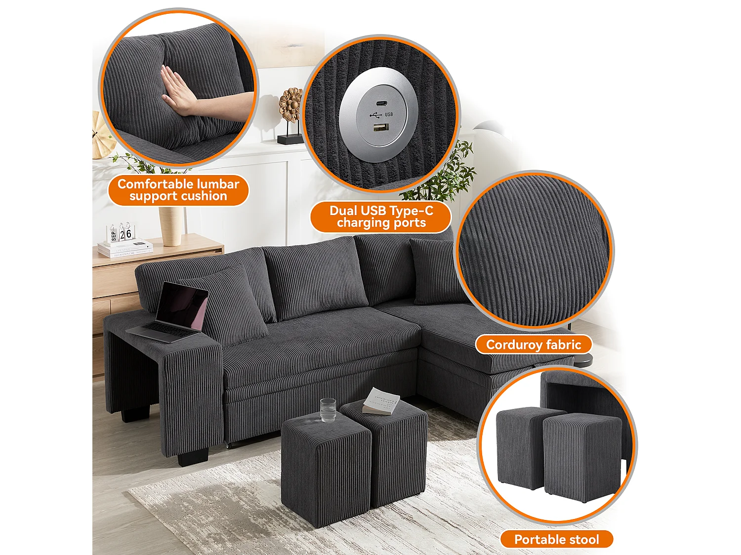 3-Seater L-Shaped Sofa - with USB Charging Ports - with Cushions - Convertible Corner Sofa - Grey