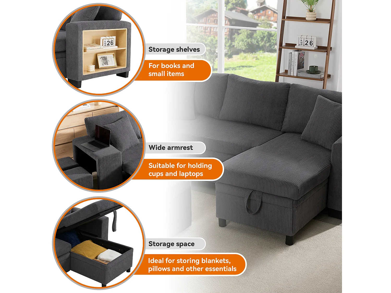3-Seater L-Shaped Sofa - with USB Charging Ports - with Cushions - Convertible Corner Sofa - Grey