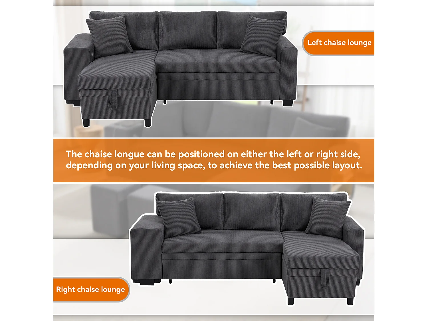 3-Seater L-Shaped Sofa - with USB Charging Ports - with Cushions - Convertible Corner Sofa - Grey