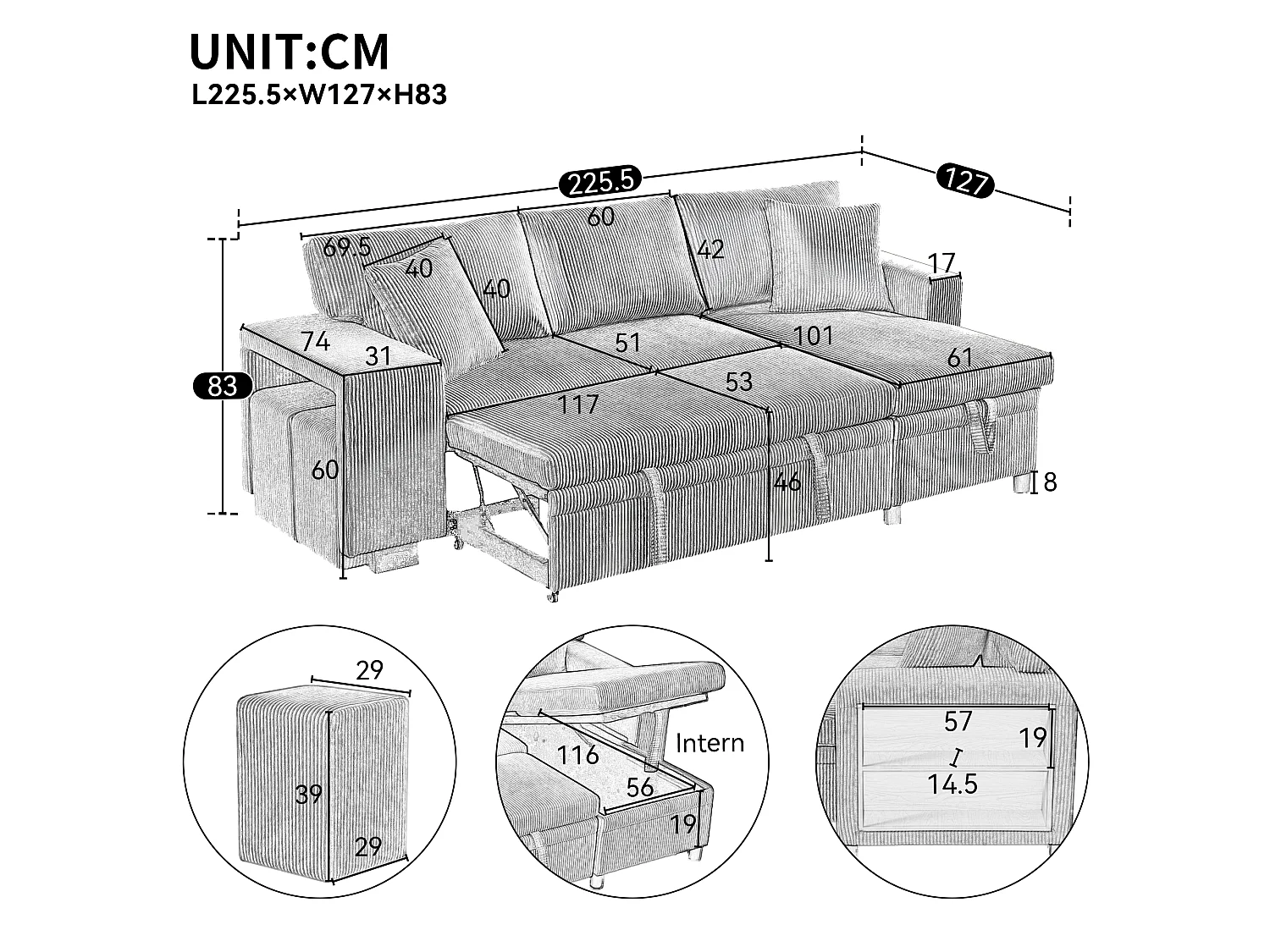 3-Seater L-Shaped Sofa - with USB Charging Ports - with Cushions - Convertible Corner Sofa - Grey