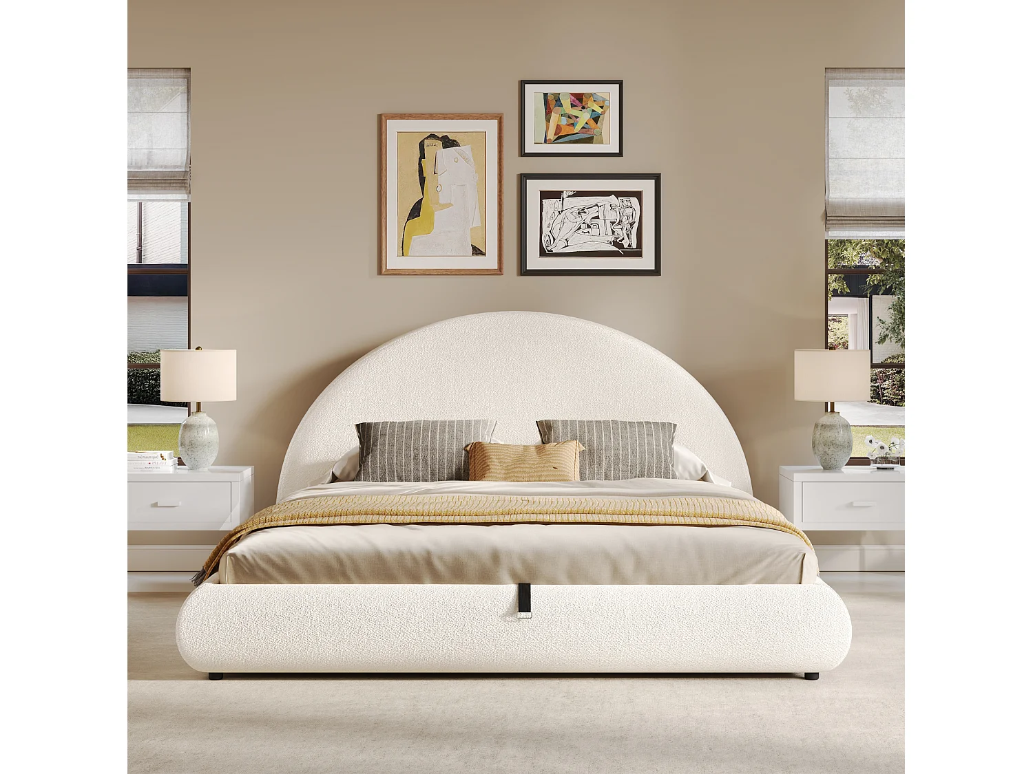 Lit coffre adulte 160x200cm avec tête de lit semi-circulaire - Tissu bouclé - Blanc