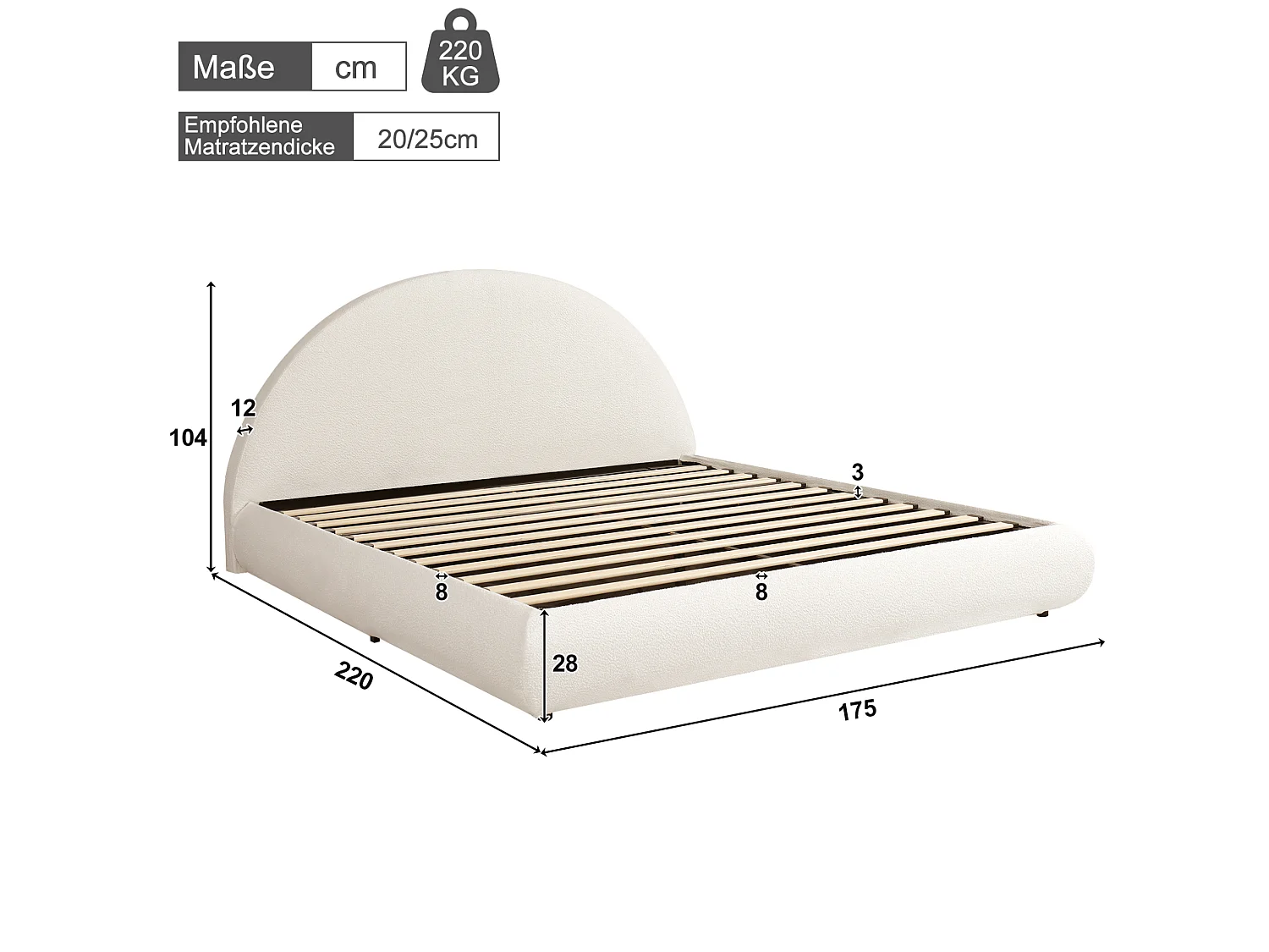 Lit coffre adulte 160x200cm avec tête de lit semi-circulaire - Tissu bouclé - Blanc
