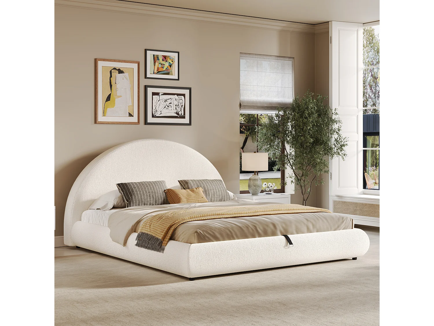Lit coffre adulte 160x200cm avec tête de lit semi-circulaire - Tissu bouclé - Blanc