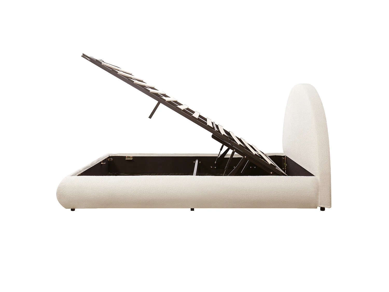 Lit coffre adulte 160x200cm avec tête de lit semi-circulaire - Tissu bouclé - Blanc