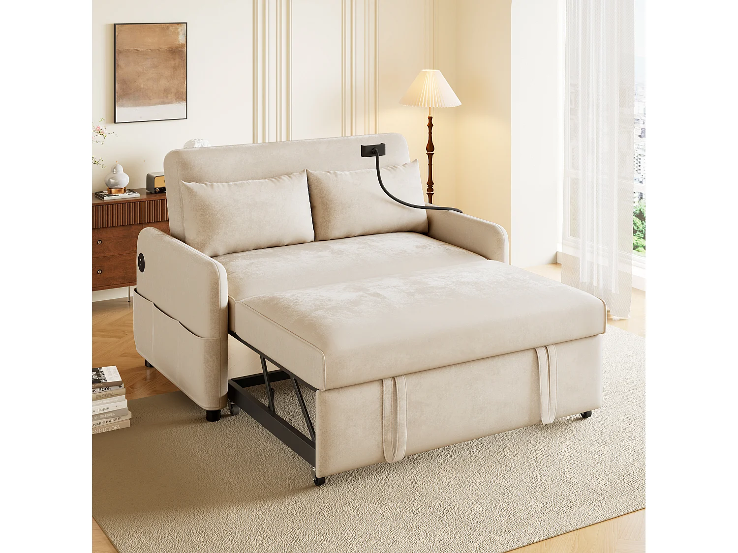 Multi-angle adjustable convertible sofa in chenille fabric - 2-seater - with phone holder and USB ports - Beige