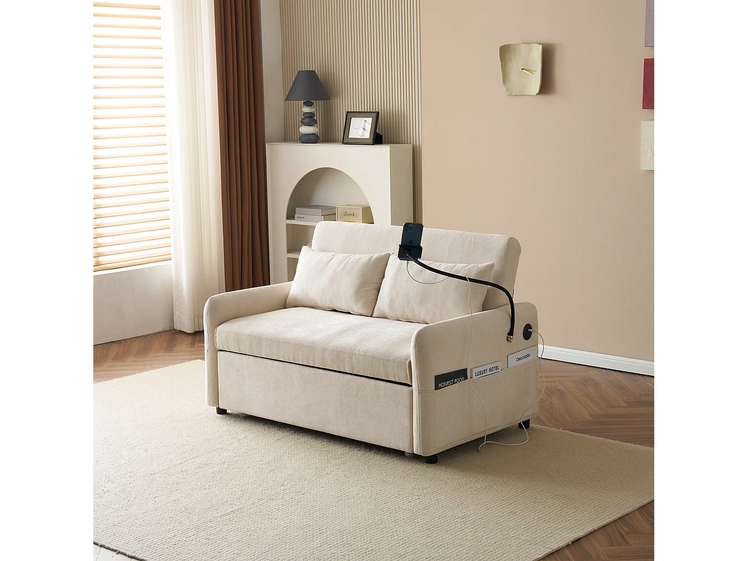 Multi-angle adjustable convertible sofa in chenille fabric - 2-seater - with phone holder and USB ports - Beige