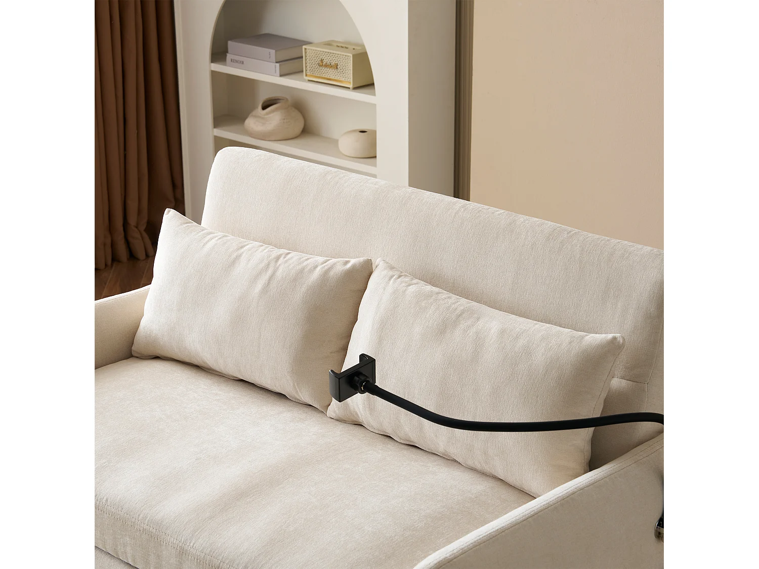 Multi-angle adjustable convertible sofa in chenille fabric - 2-seater - with phone holder and USB ports - Beige