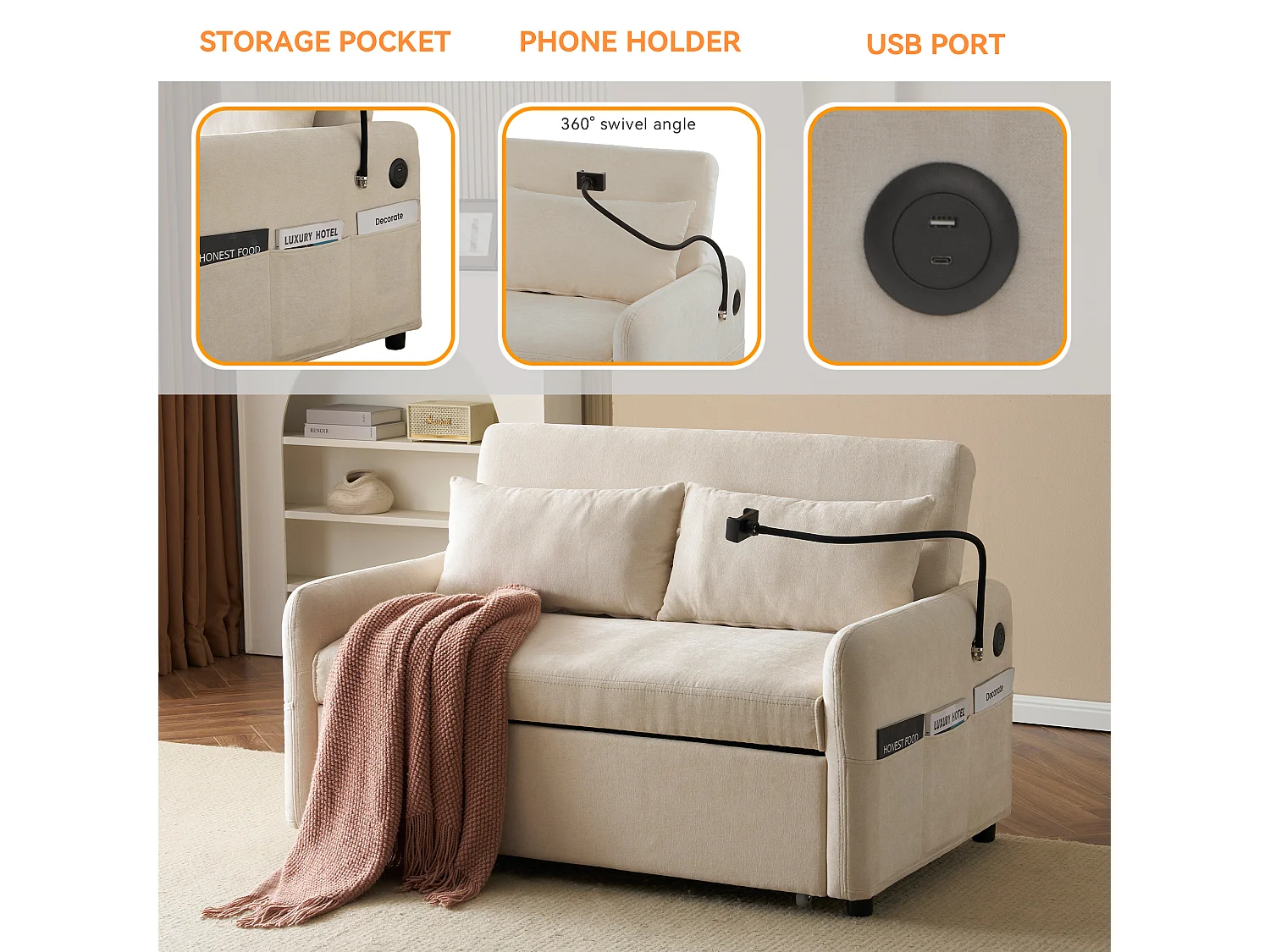 Multi-angle adjustable convertible sofa in chenille fabric - 2-seater - with phone holder and USB ports - Beige