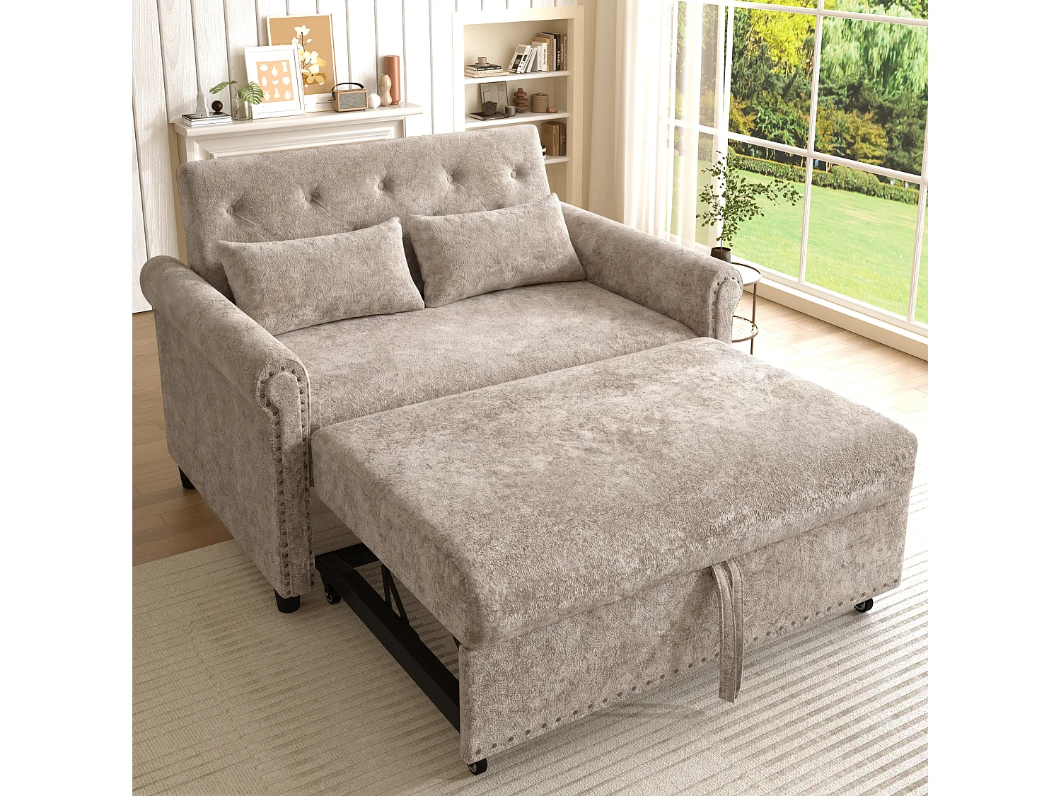 Sofá convertible 3 en 1 con respaldo reclinable (110°/145°/180°) - Tejido de chenilla - Superficie para dormir: 170 x 98 cm - 2 cojines - Marrón grisáceo