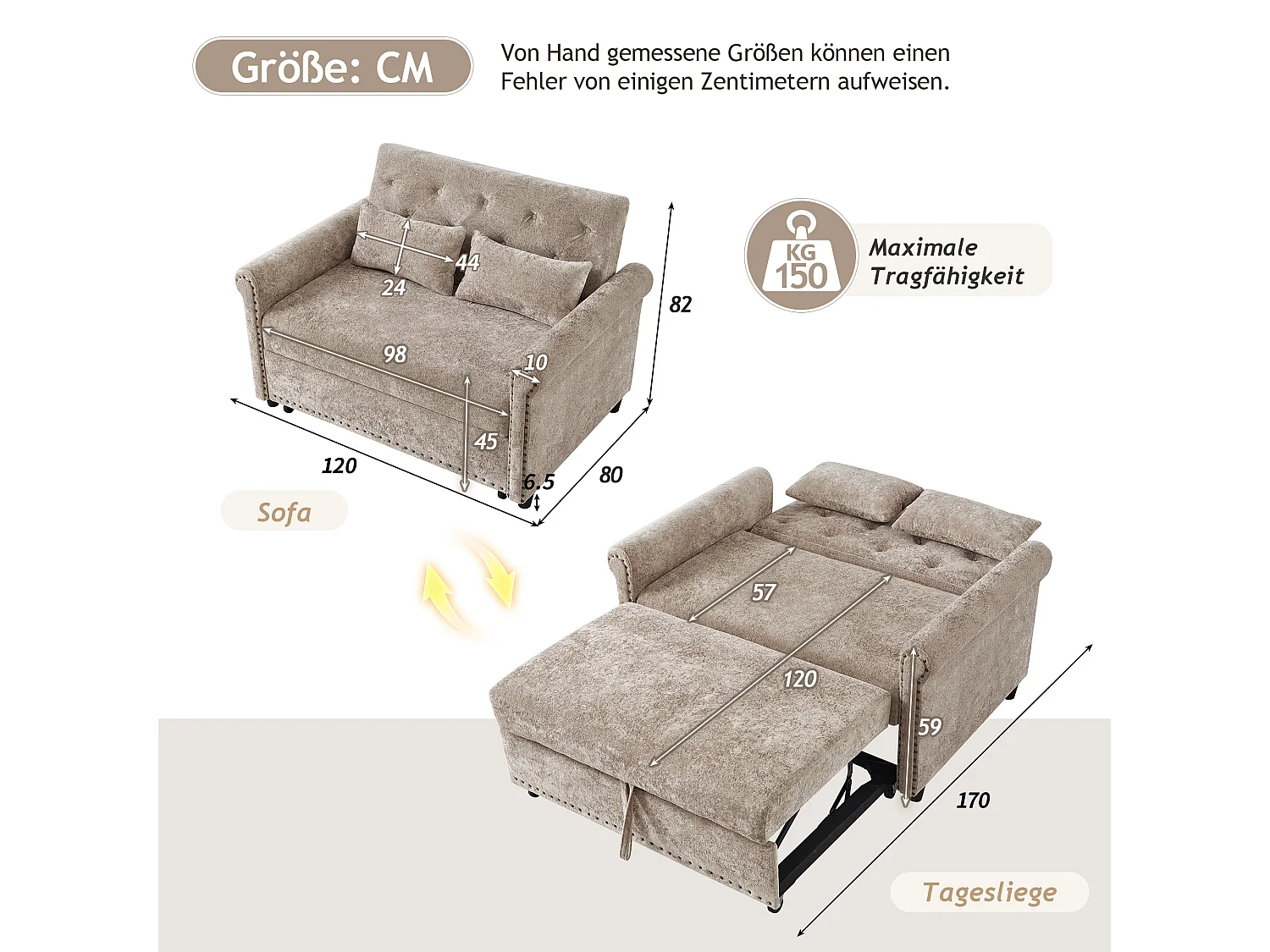 Sofá convertible 3 en 1 con respaldo reclinable (110°/145°/180°) - Tejido de chenilla - Superficie para dormir: 170 x 98 cm - 2 cojines - Marrón grisáceo