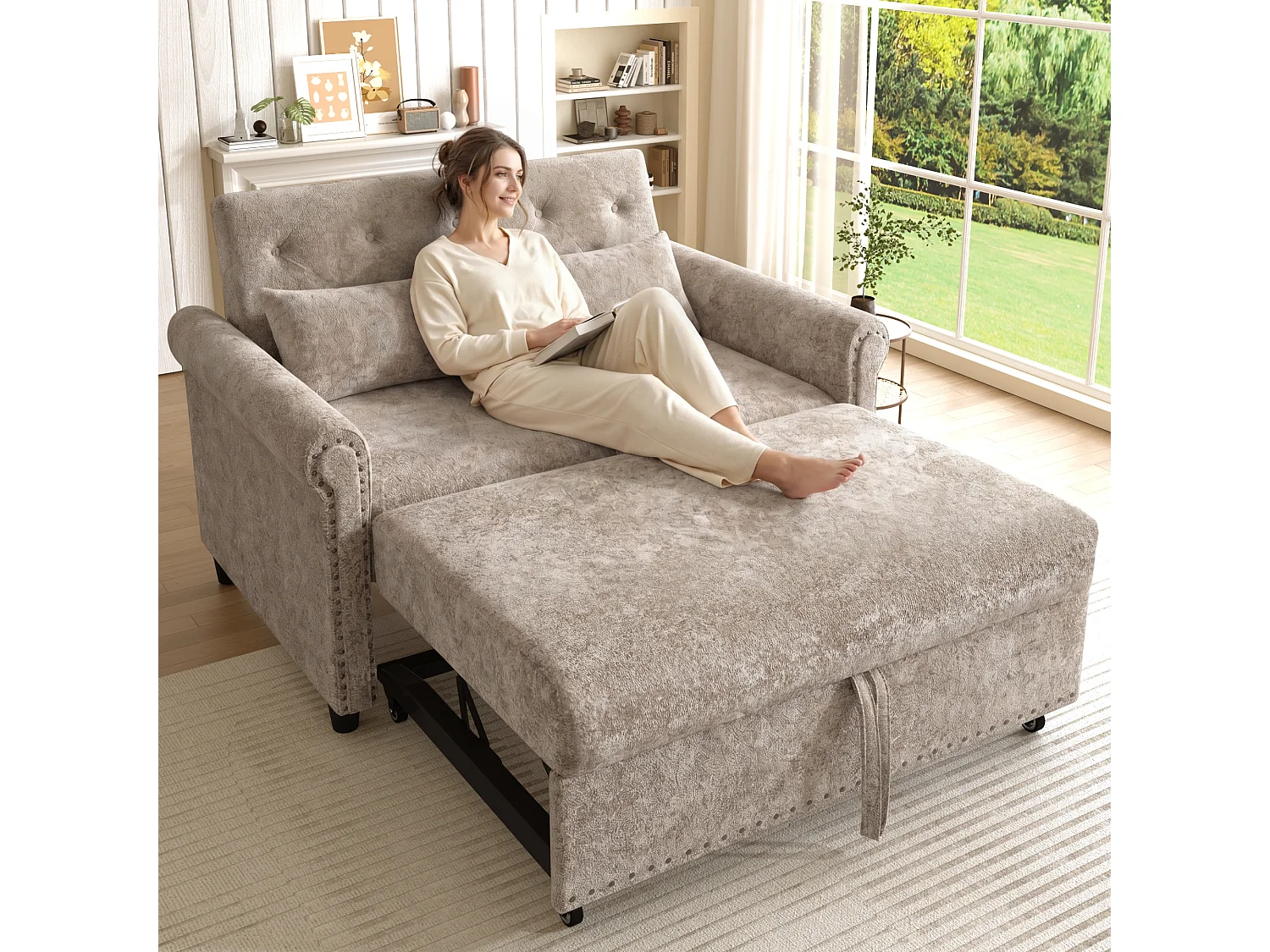 Sofá convertible 3 en 1 con respaldo reclinable (110°/145°/180°) - Tejido de chenilla - Superficie para dormir: 170 x 98 cm - 2 cojines - Marrón grisáceo